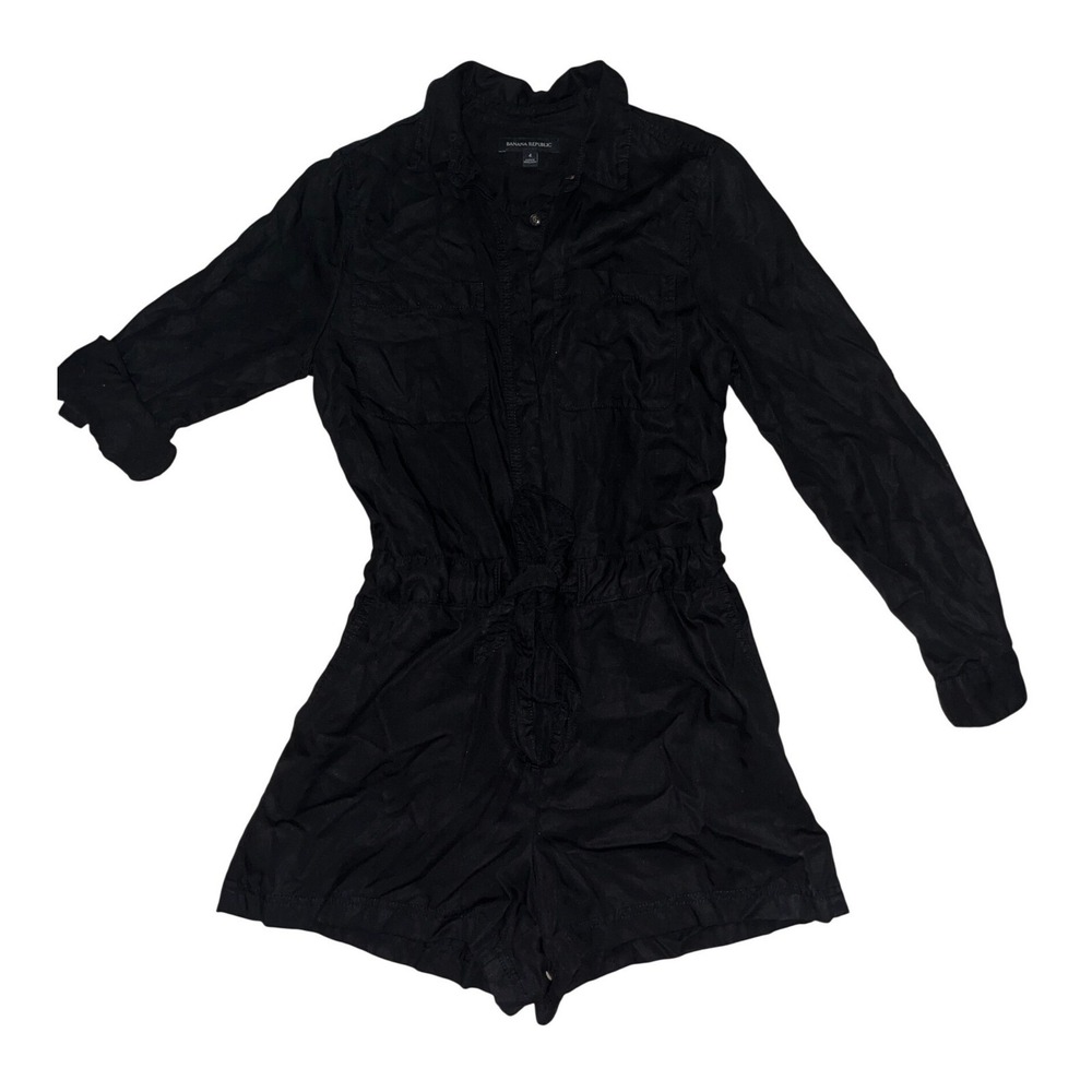 Banana Republic Women Black Utility Romper Long Sleeve Drawstring Waist Size 4 - Picture 2 of 8